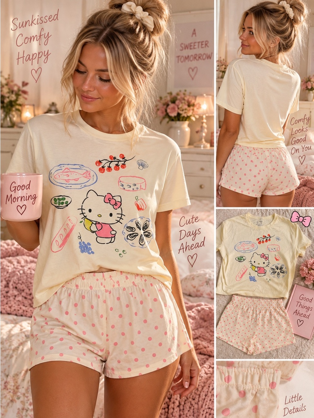 NWT Hello Kitty Cream Short Sleeve Pajama Set with Pink Polka Dot Shorts
